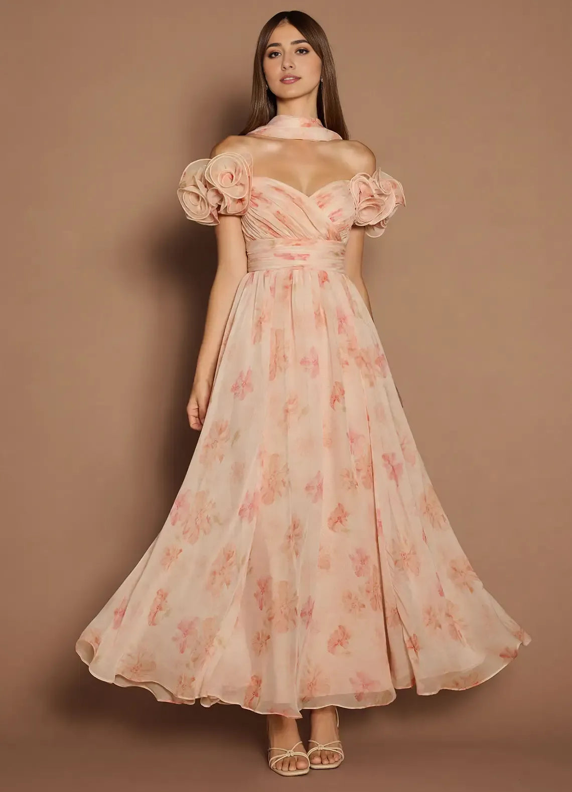 Robe Weitese à épaules dénudées, élégante robe longue en cœur, robe de bal, robe de soirée romantique imprimée, coupe trapèze avec foulard